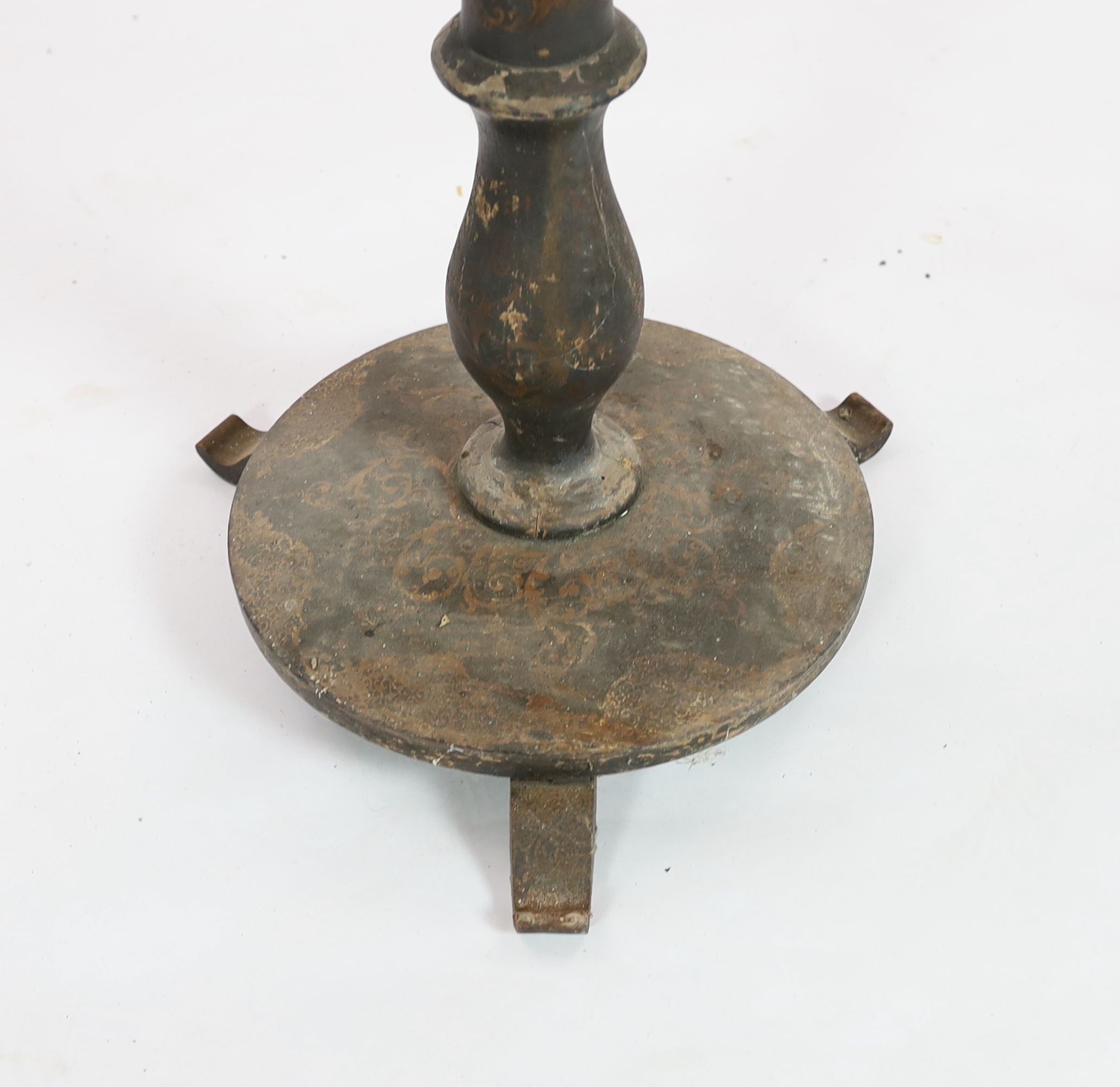 A Victorian papier mache and ebonised wood pedestal games table, 57cm high 52cm diameter